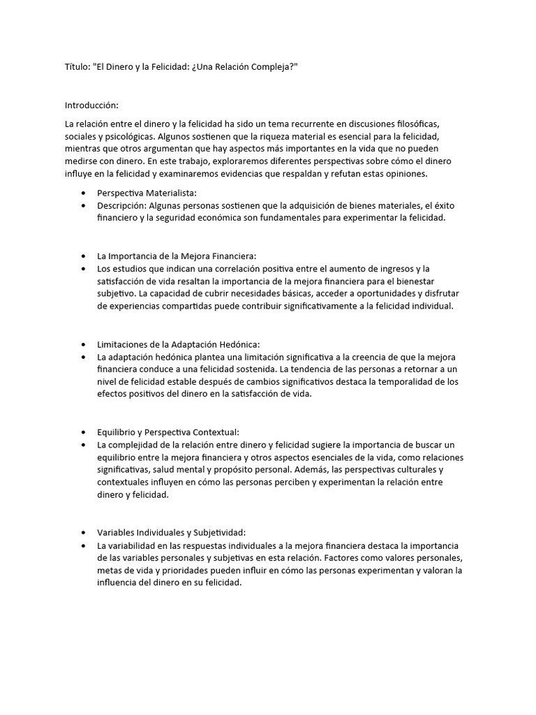 Título El Dinero y La Felicidad ¿Una Relación Compleja | PDF ...