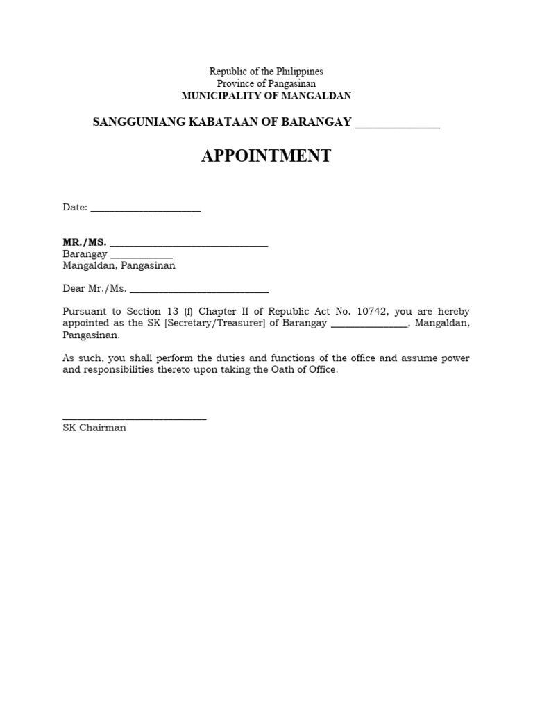 SK Secretary and Treasurer Appointment | PDF | Finance & Money Management