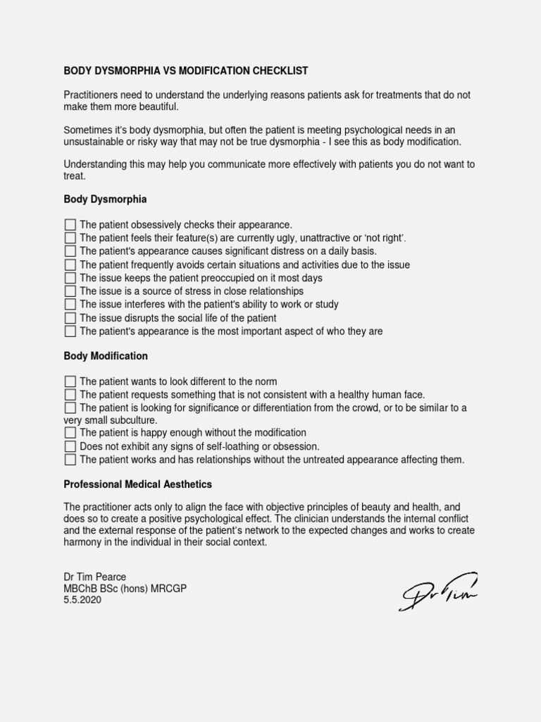 Body Dysmorphia VS Modification Checklist PDF