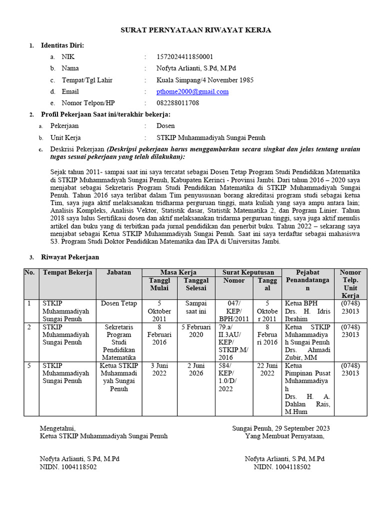 Surat Pernyataan Pengalaman Kerja 2023 | PDF