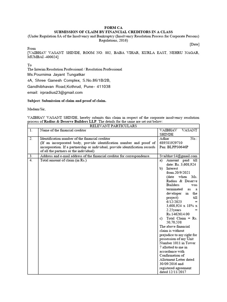 Claim Submission by Financial Creditor | PDF