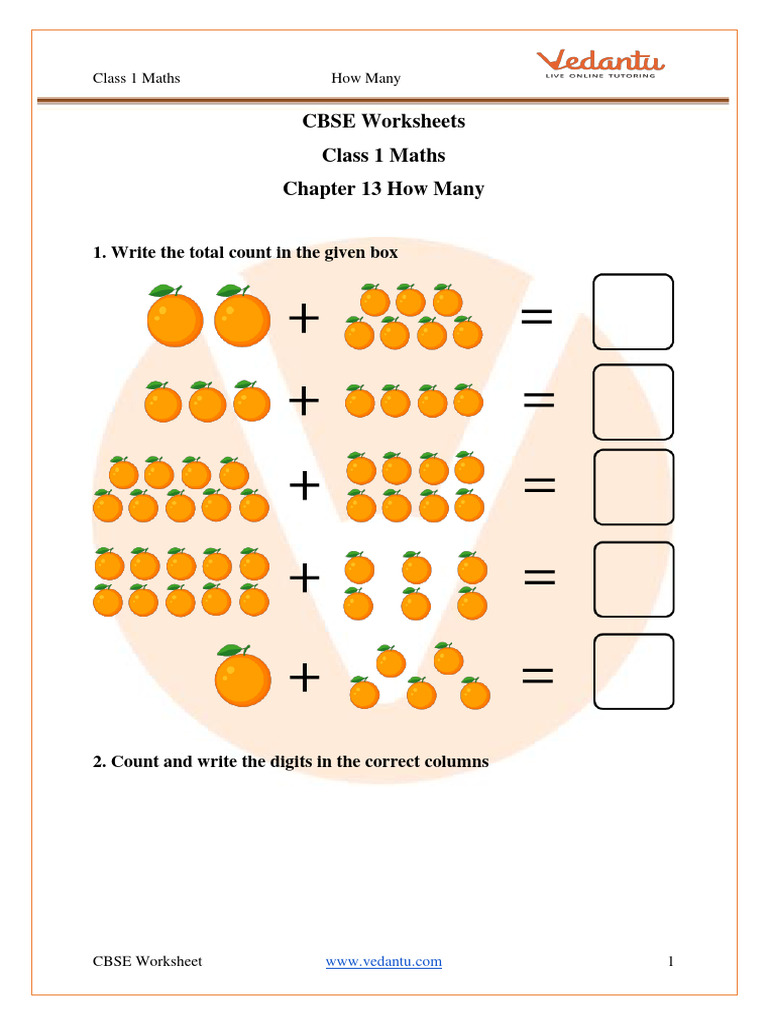 CBSE Class 1 Maths Worksheets With Answers For Chapter 13 How Many PDF