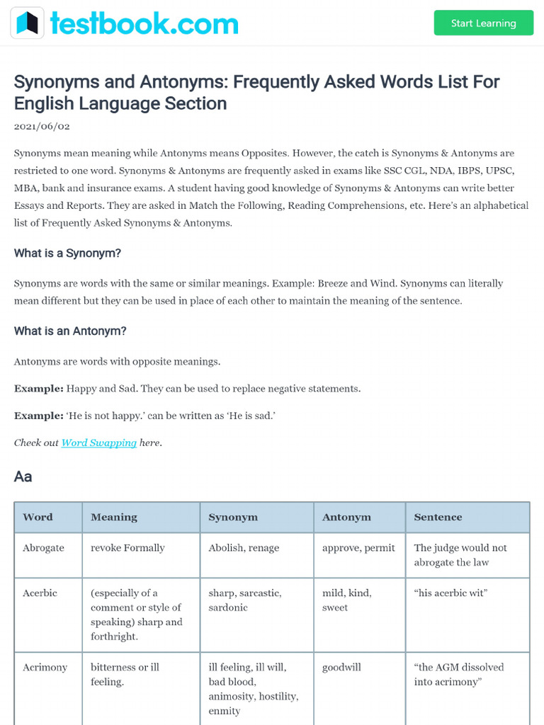 English Grammar Synoymns and Antonyms | PDF