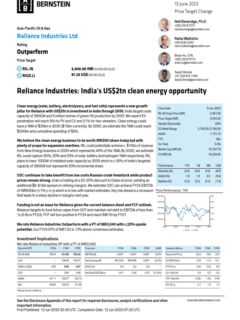 Reliance Industries: 2030 Clean Energy Outlook | PDF | Solar Power ...