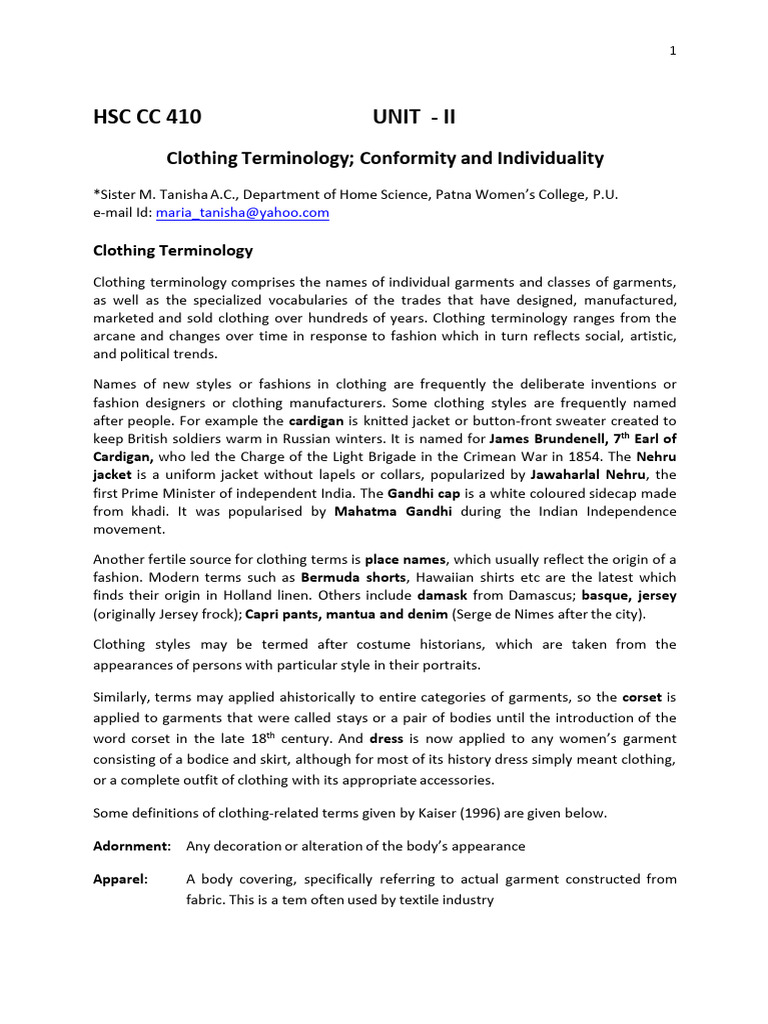 ClothingTerminology Conformity and Individuality PDF Clothing