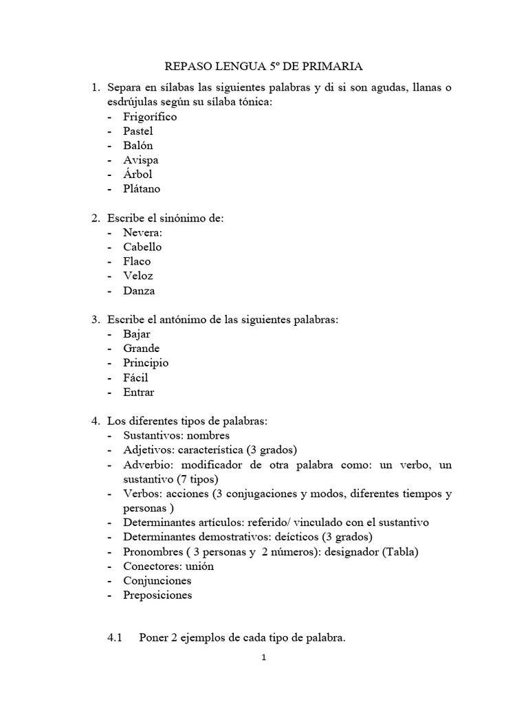 Ejercicios de Lengua 5º Primaria PDF | PDF | Palabra | Verbo