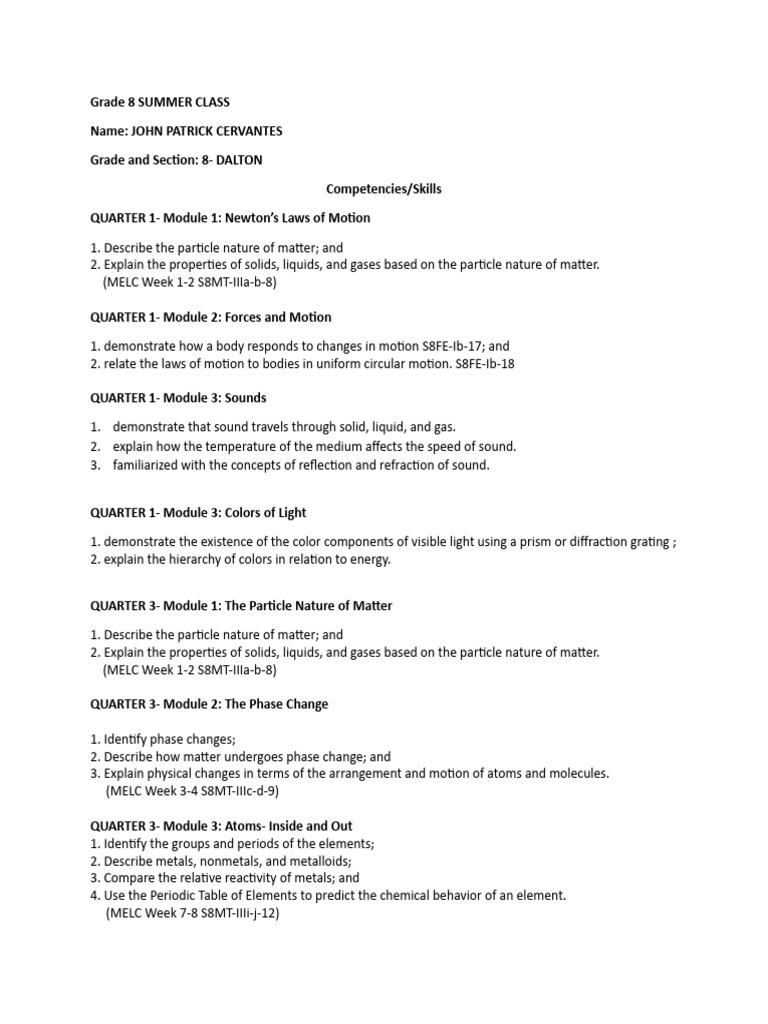 Grade 8 Summer Class Science Skills Pdf
