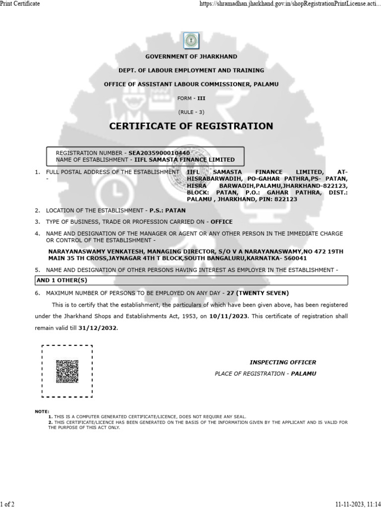 IIFL Samasta Finance Registration Certificate | PDF | Government | Justice