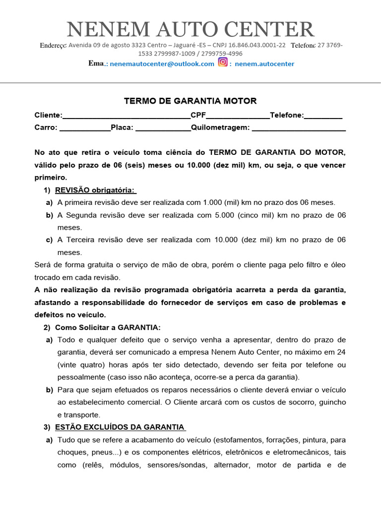 Termo de Garantia do Motor | PDF