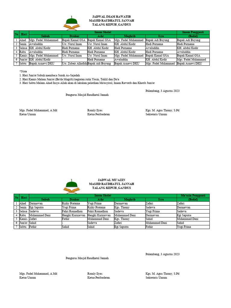 Jadwal Imam Rawatib Masjid Raudhatul Jannah Talang Kepuh Pdf