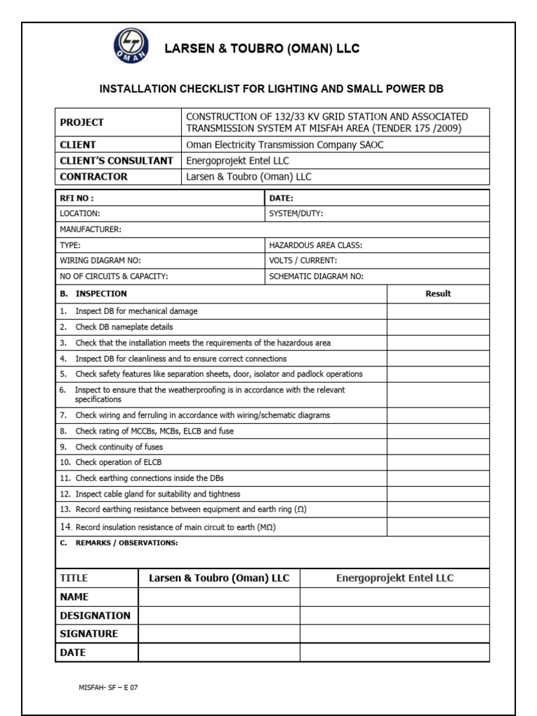 Lighting & Power DB Installation Checklist | PDF | Science ...