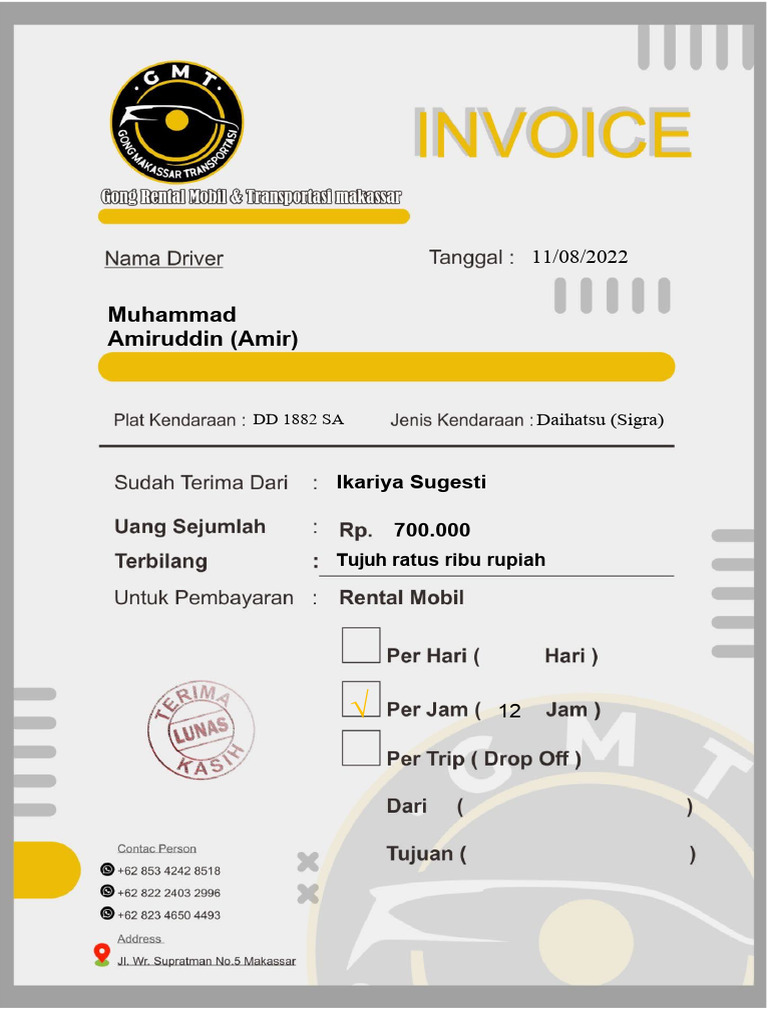 Cotoh Kwitansi Rentcargong Makassar Invoice Sewa Mobil 11-8 | PDF