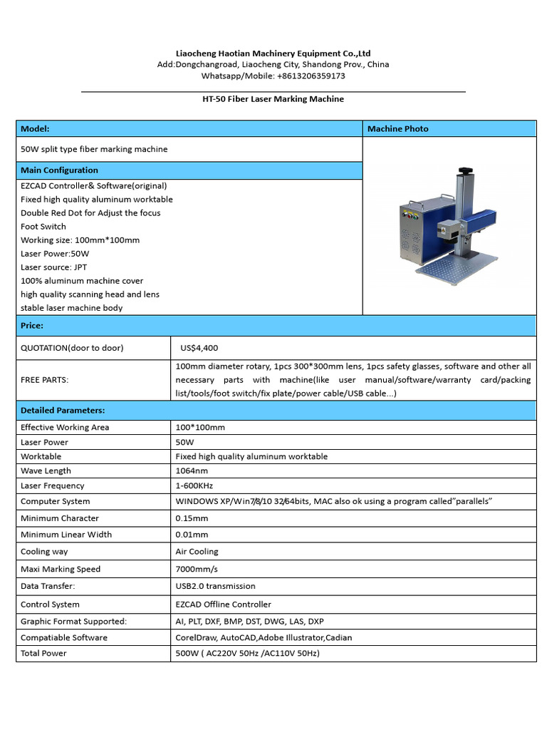 HT 50 JPT Fiber Laser Marking Machine | PDF | Optical Fiber | Machines