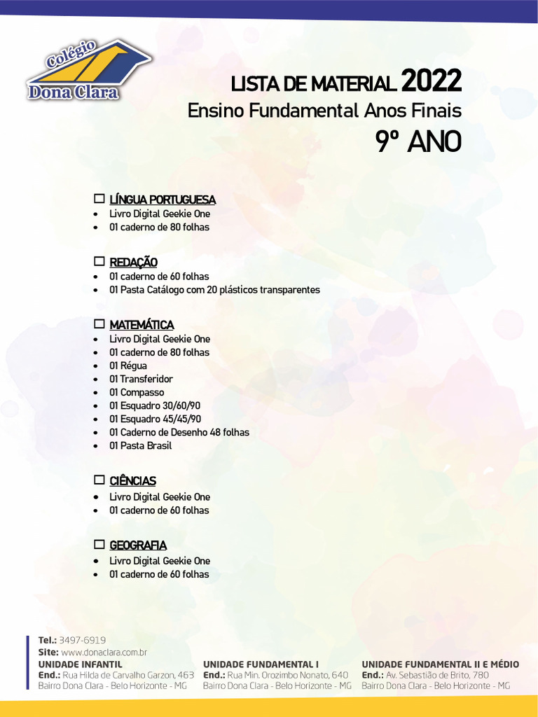9º Ano - Lista de Material 2022 | PDF | Cartão de crédito | Escolas
