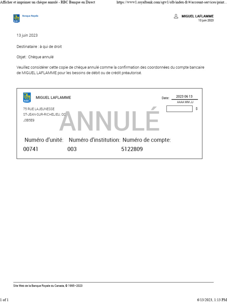 Confirmation de chèque annulé RBC | PDF