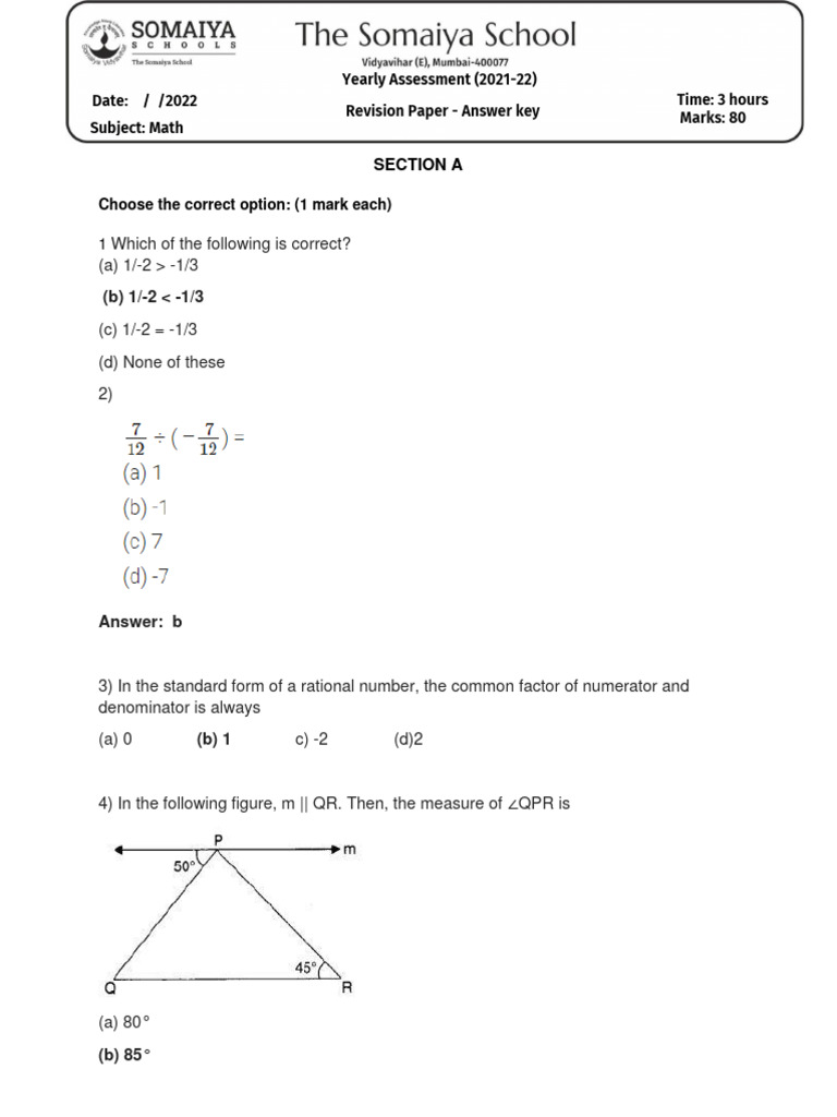 Somaiya STD 7 (2021 22) Sem 2 (Revision Paper) (S A) Download