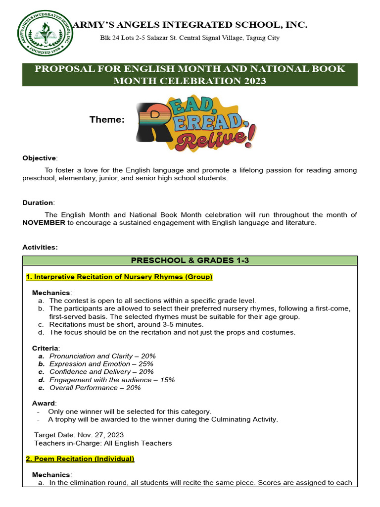 English Month and Book Month 2023 Activities | PDF