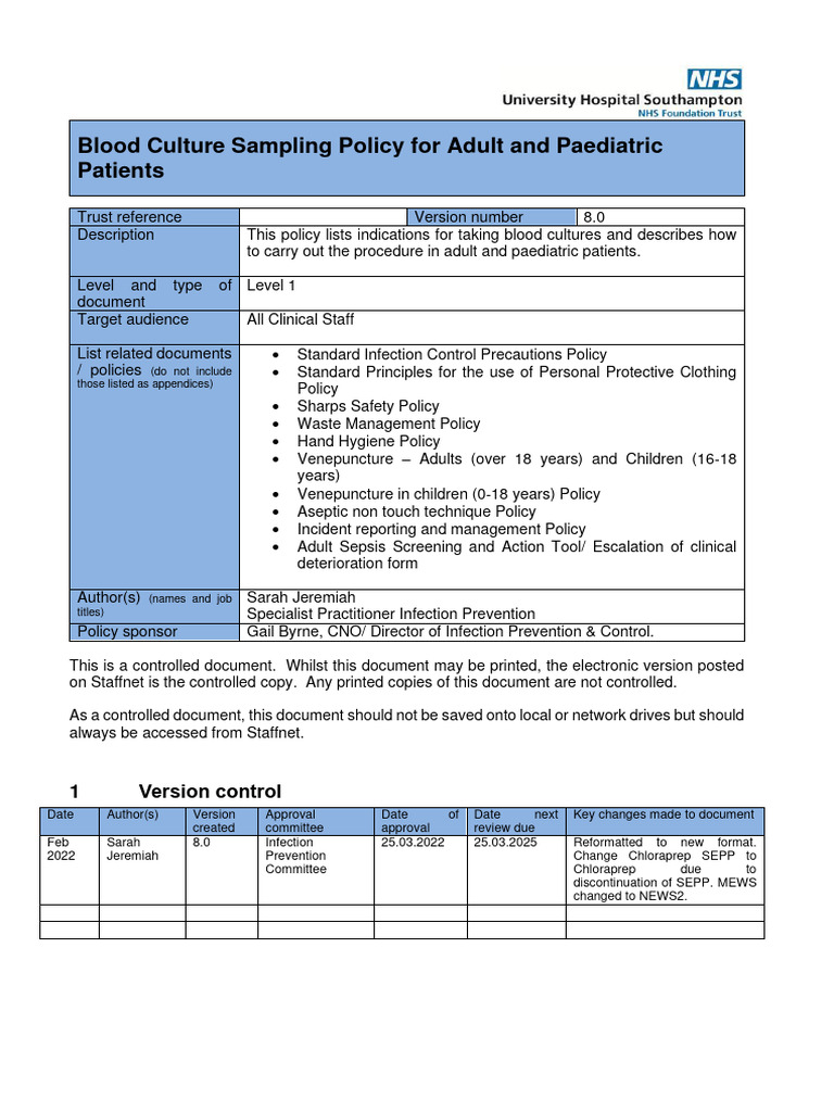 Blood Culture Sampling Policy April 2022 v8 | PDF | Sepsis | Infection