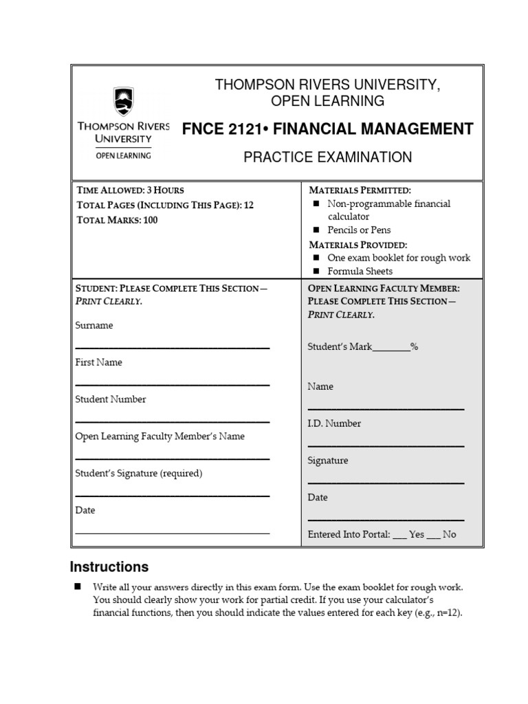 FNCE 2121 Financial Management Exam | PDF | Bonds (Finance) | Revenue