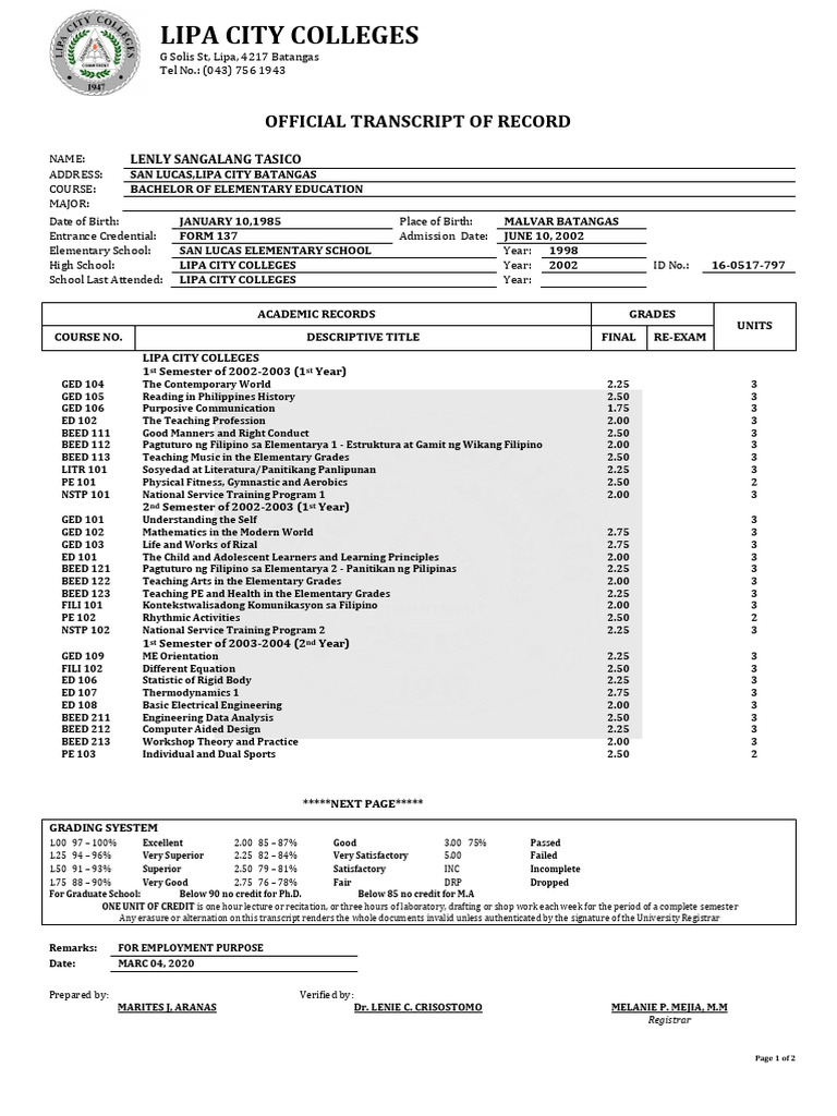 Lipa City Colleges Transcript Overview | PDF