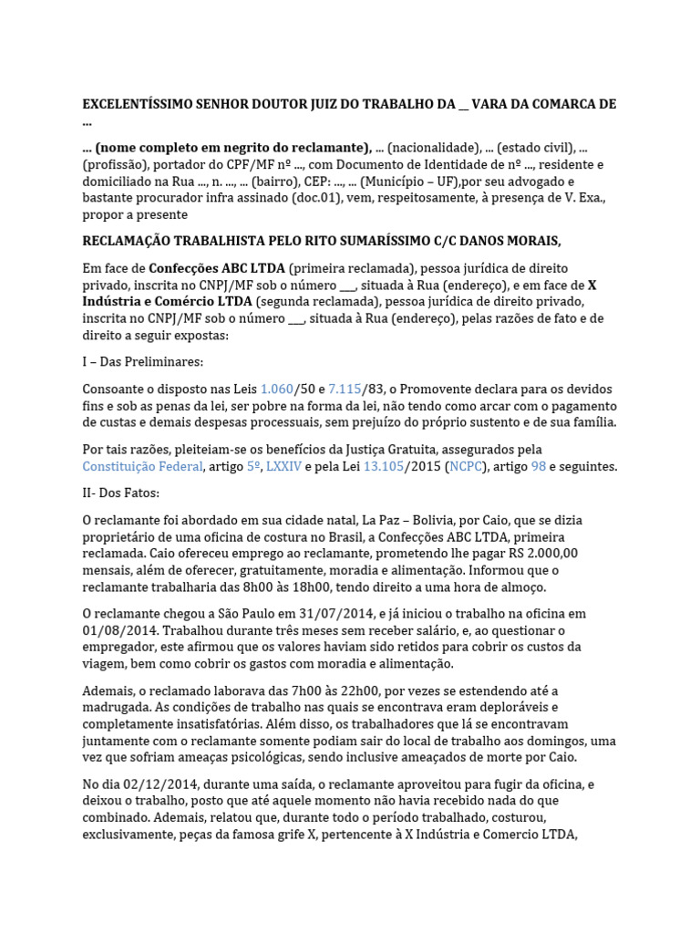 Modelo Reclamacao Trabalhista Dano Moral Ofensas | PDF