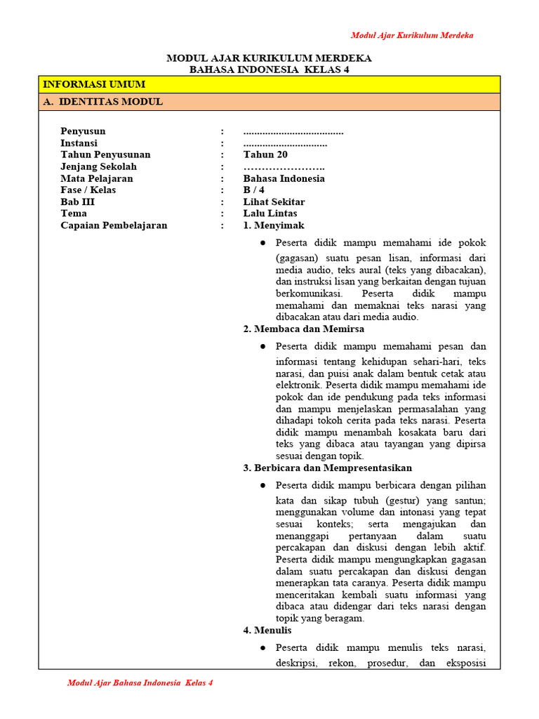 Modul Ajar Bahasa Indonesia Kelas 4 | PDF | Karier & Perkembangan ...