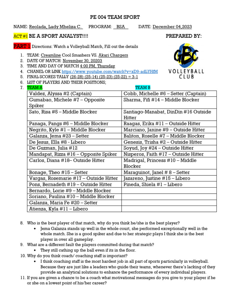 Volleyball Act PDF Volleyball Team Sports