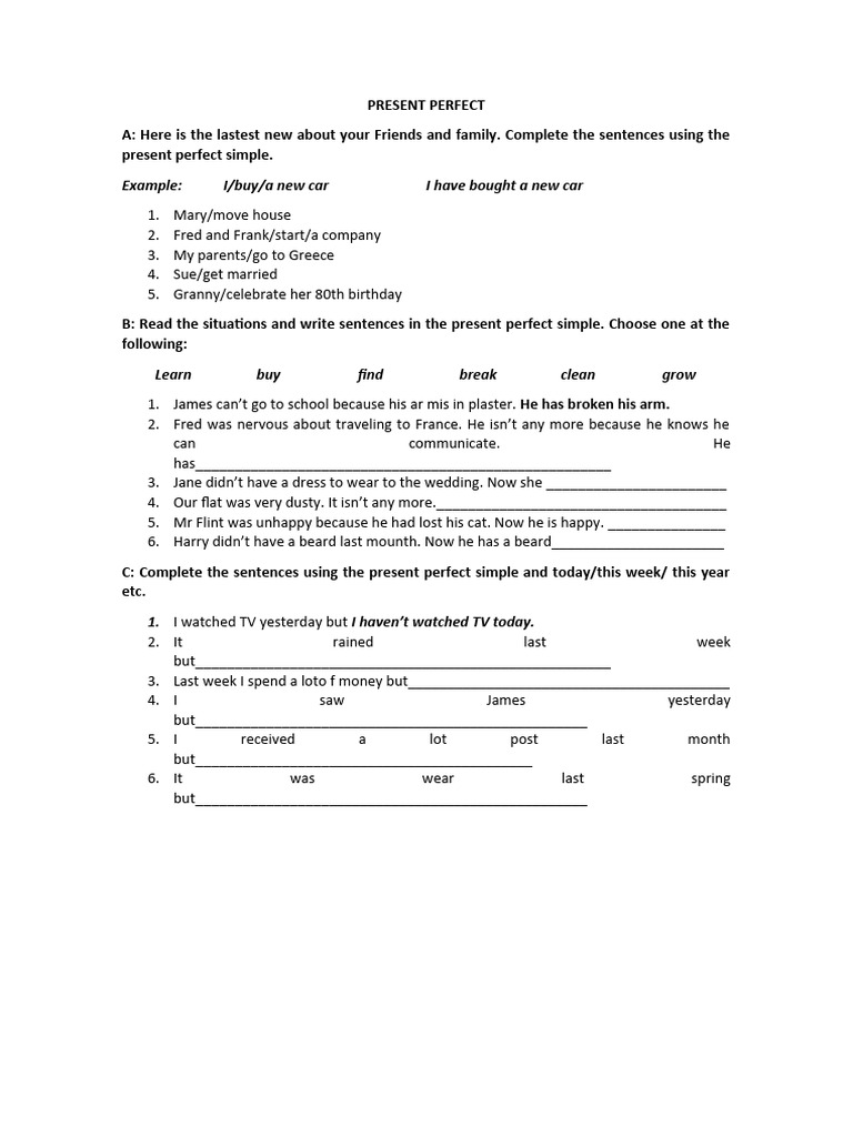 Present Perfect Simple Exercises | PDF