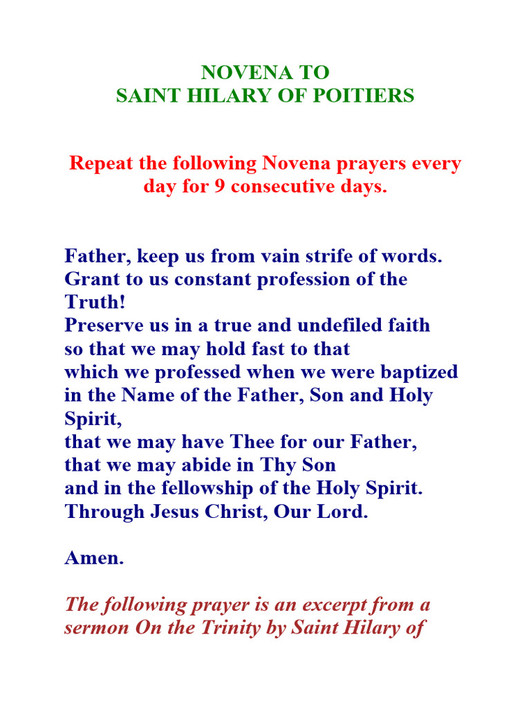 Novena To and Prayer of Saint Hilary of Poitiers PDF God The Father