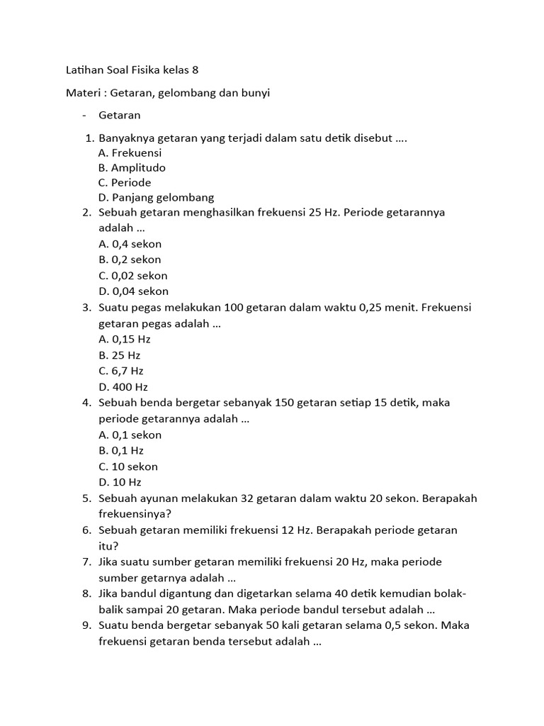 Latihan Soal Fisika Kelas 8 Getaran Gelombang Bunyi Pdf