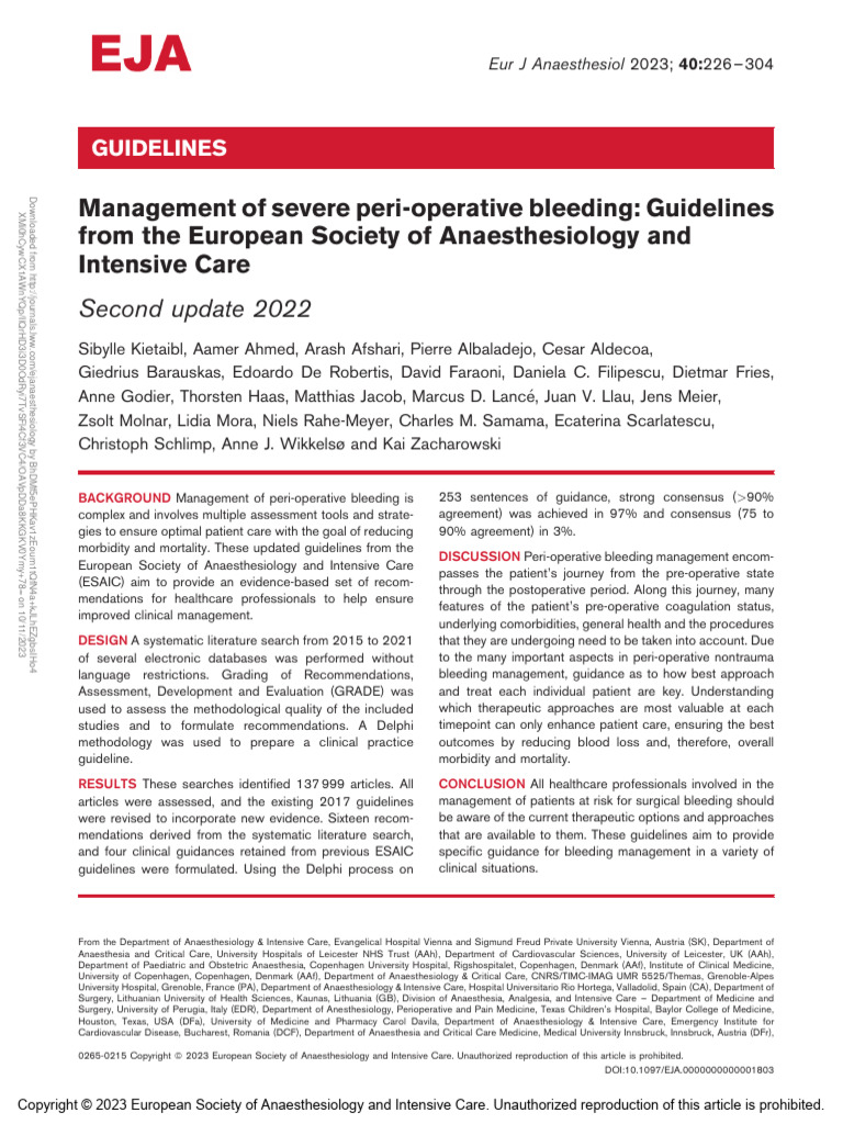 Severe Perioperative Bleeding EJA 2023 | PDF