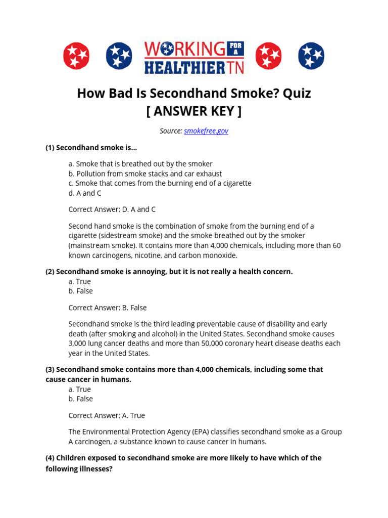 WFHTN Secondhand Smoke Quiz Answer Key PDF Tobacco Smoking Addiction