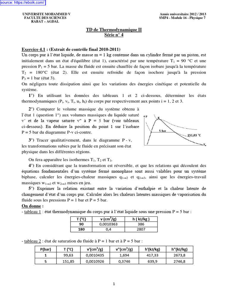TD de Thermodynamique II - Exercices et Corrigés | PDF | Enthalpie de ...
