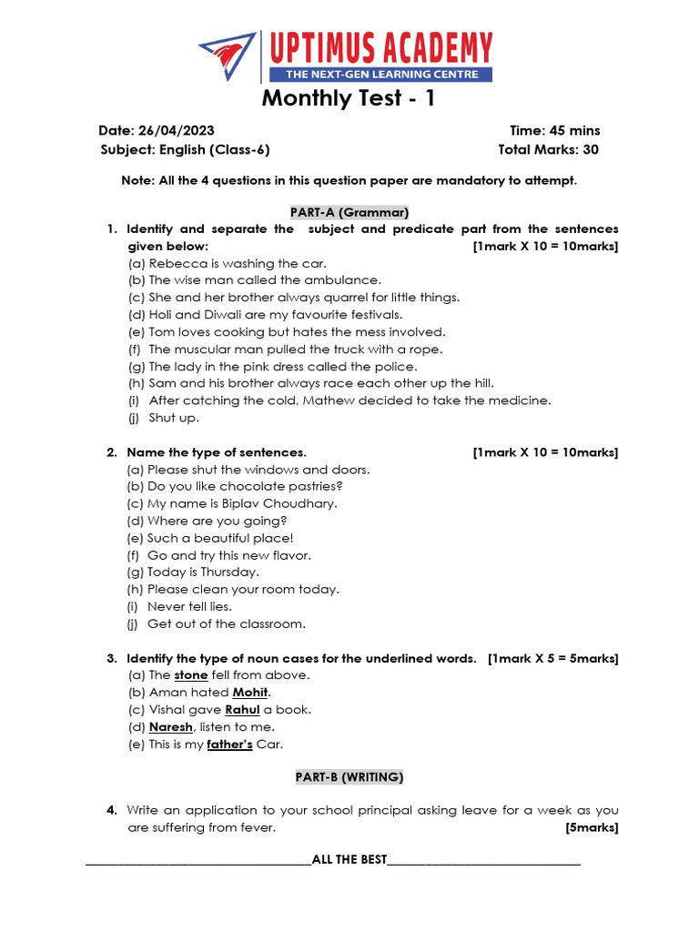 English Class 6 Monthly Test 1 Pdf