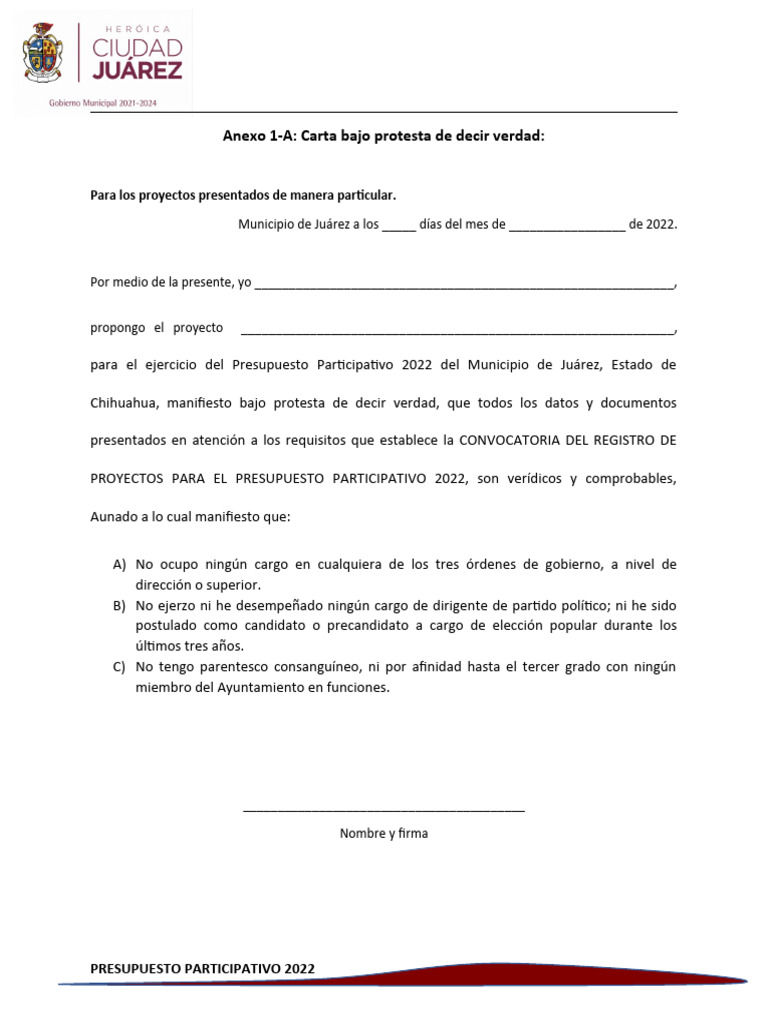 ANEXO 1A PARTICULAR CARTA BAJO PROTESTA DE DECIR VERDAD | PDF