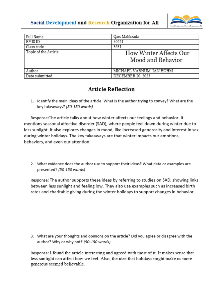 Article Reflection Qais M | PDF | Mental Health | Mood (Psychology)