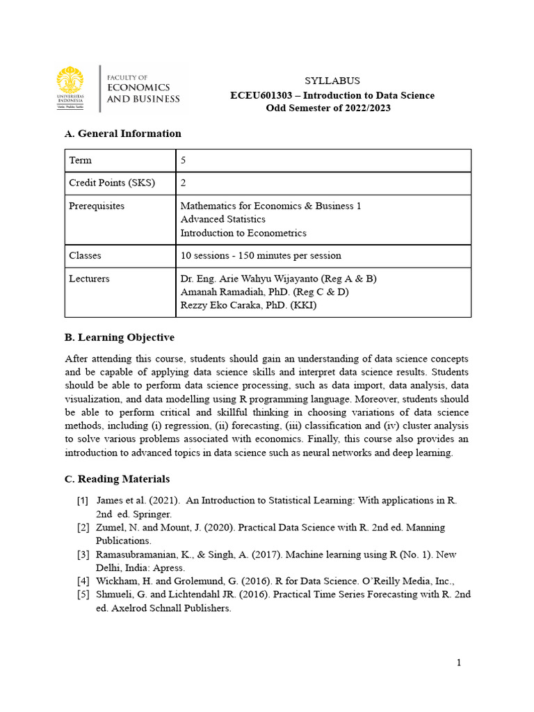 Syllabus Introduction To Data Science OS 2022 - 23 | PDF | Data Science ...