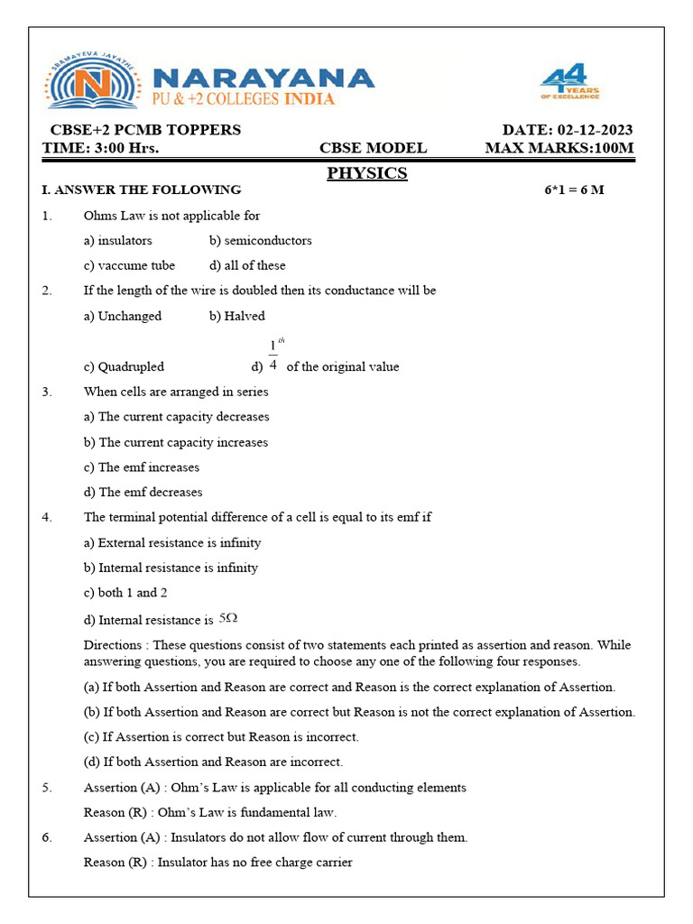 Cbse+2 PCMB Toppers Cbse Model QP - 02.12.2023 | PDF