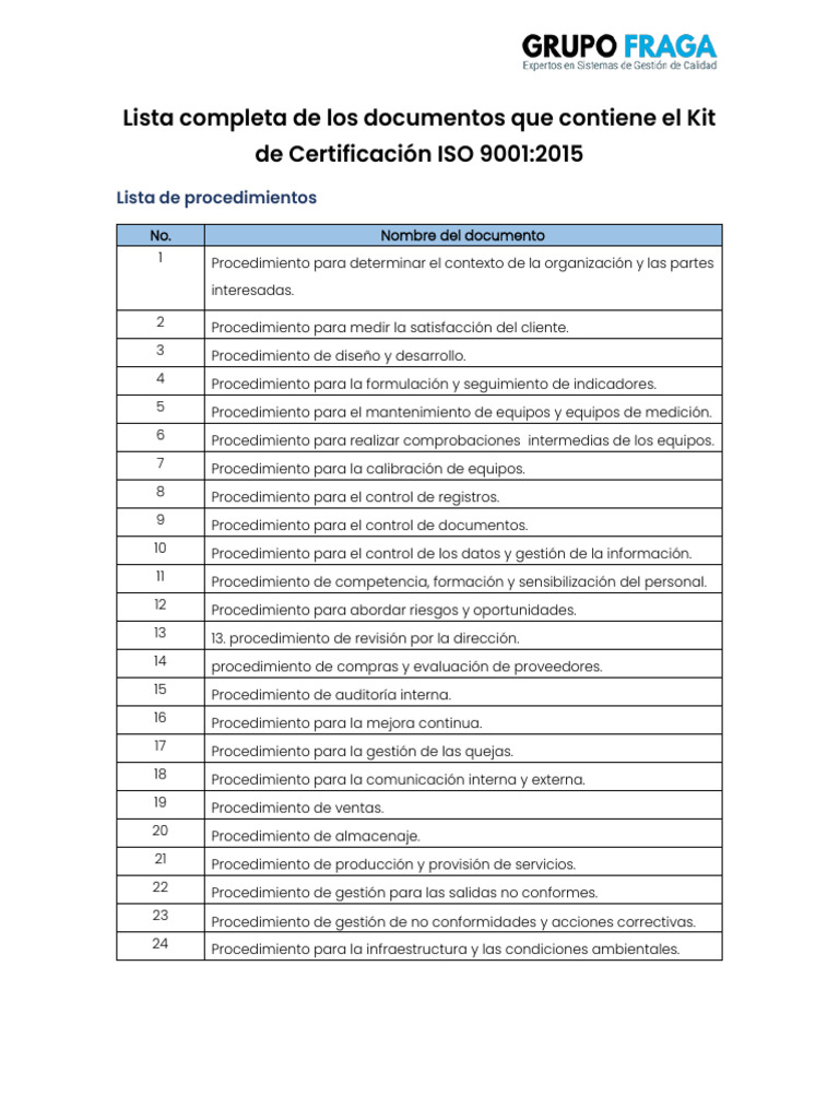 Lista Completa de Los Documentos Del Kit de Certificación ISO 9001 ...