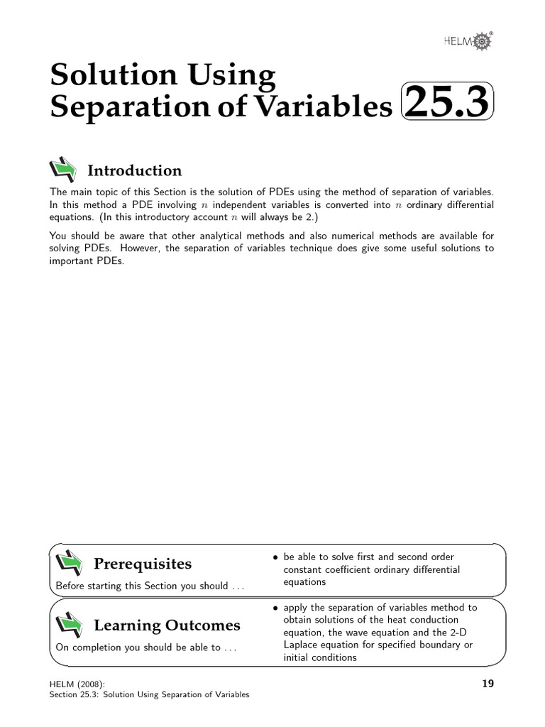 Sol Using Sep Variables HELM | PDF | Partial Differential Equation | Heat