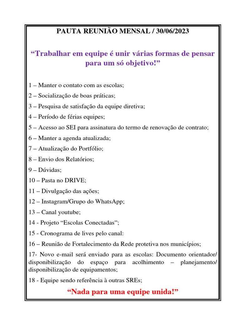 Pauta Mensal de Reunião Escolar 2023 | PDF