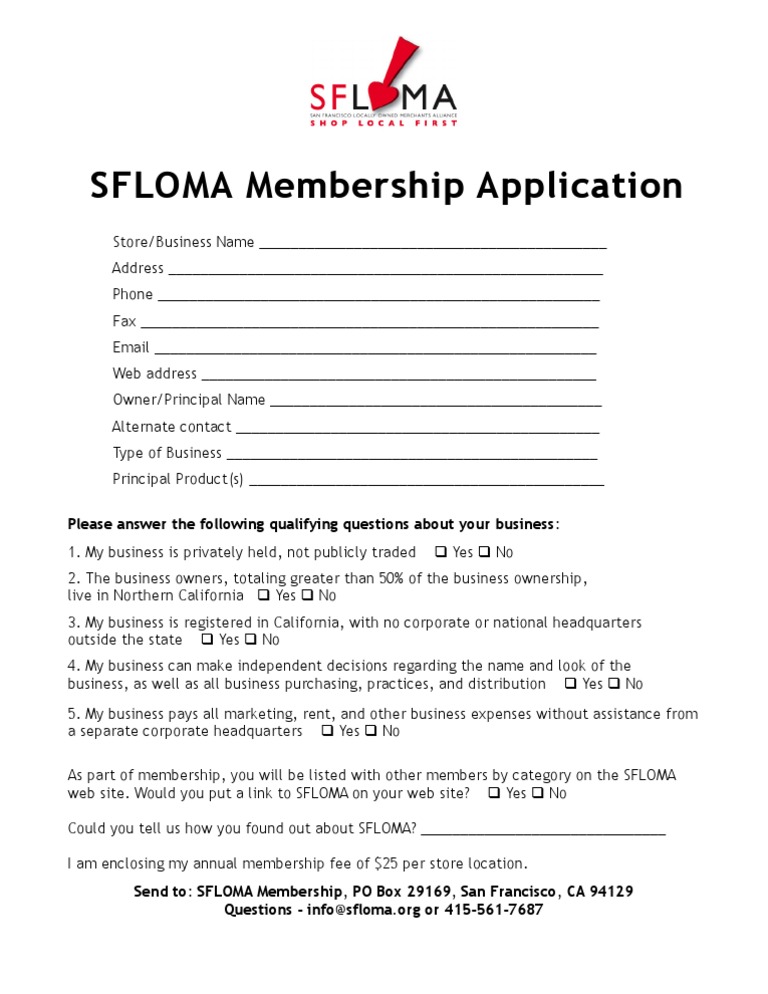 SFLOMA Membership Application Form | PDF | Business