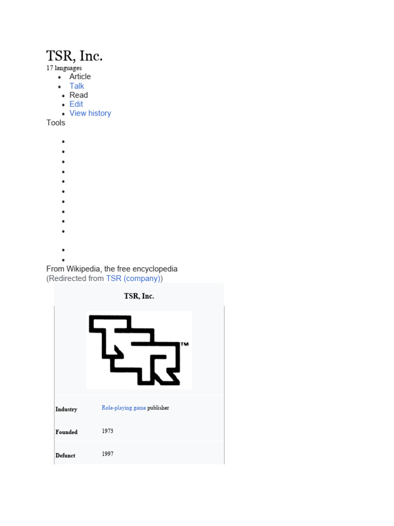 TSR, Inc. Talk Edit View History PDF Tsr, Inc. Dungeons & Dragons