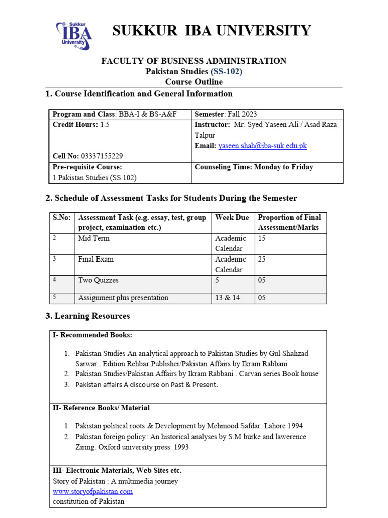 Course Outline New BBA 2023 | PDF | Pakistan | Muhammad Ali Jinnah