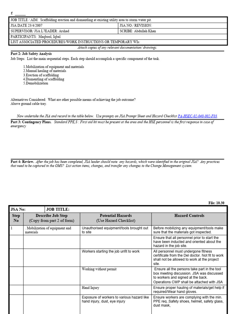 JSA for Scaffolding Erection & Dismantling | PDF | Personal Protective ...