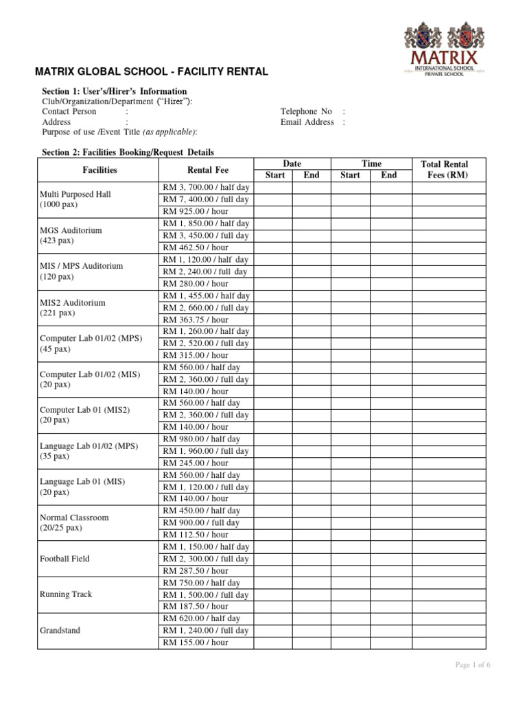 Facilities Rental Form PDF
