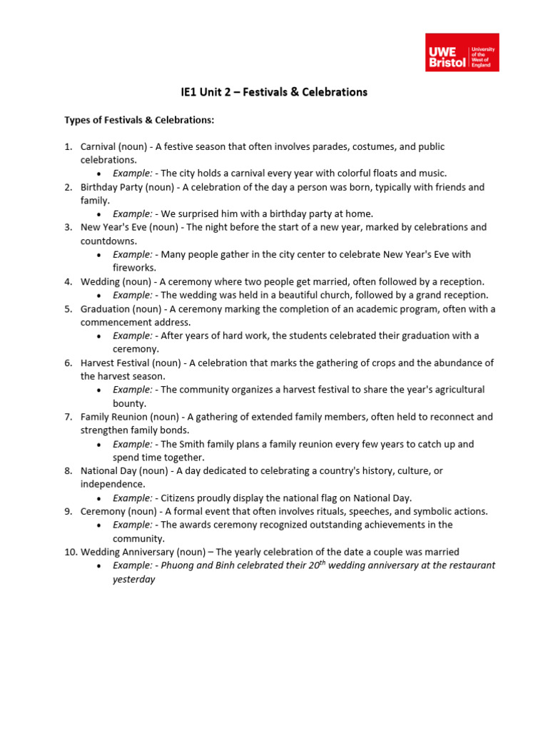 IE1 Unit 2 - Festivals & Celebrations - Useful Vocabulary | PDF ...