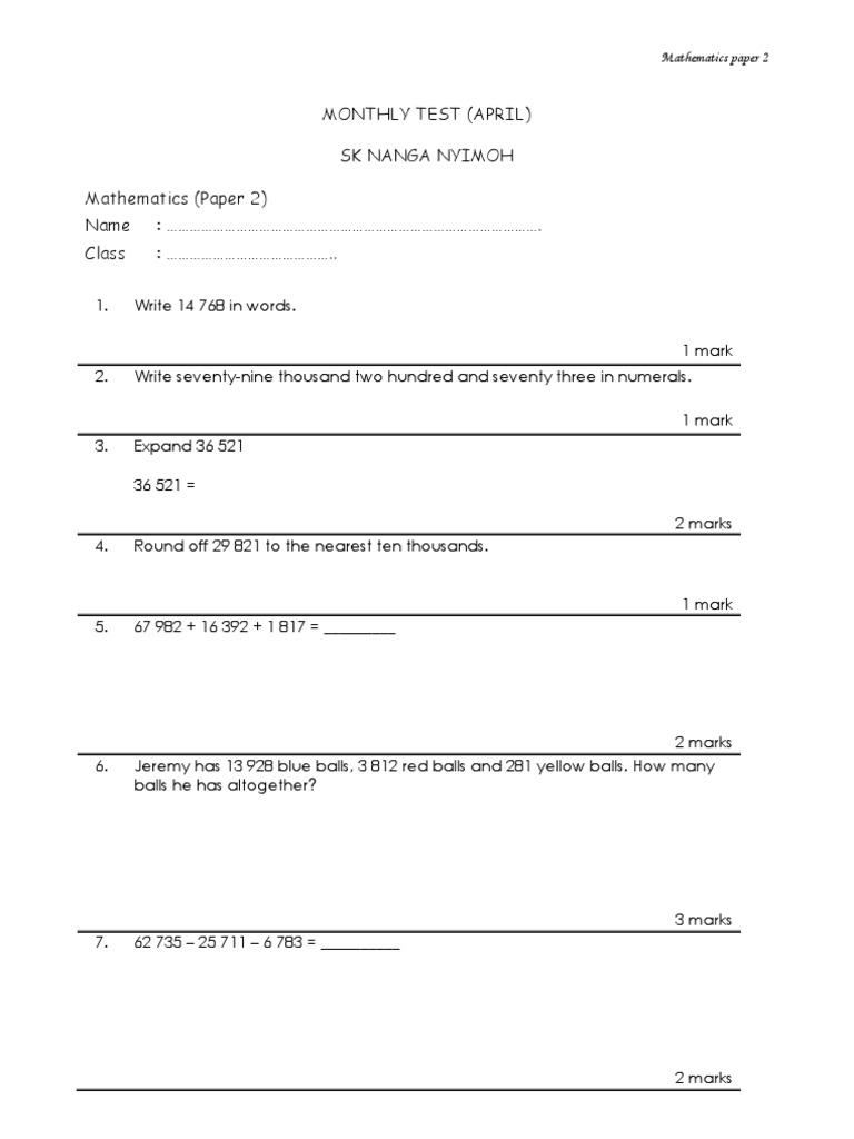 Math Test for SK Nanga Nyimoh Students | PDF | Teaching Methods ...