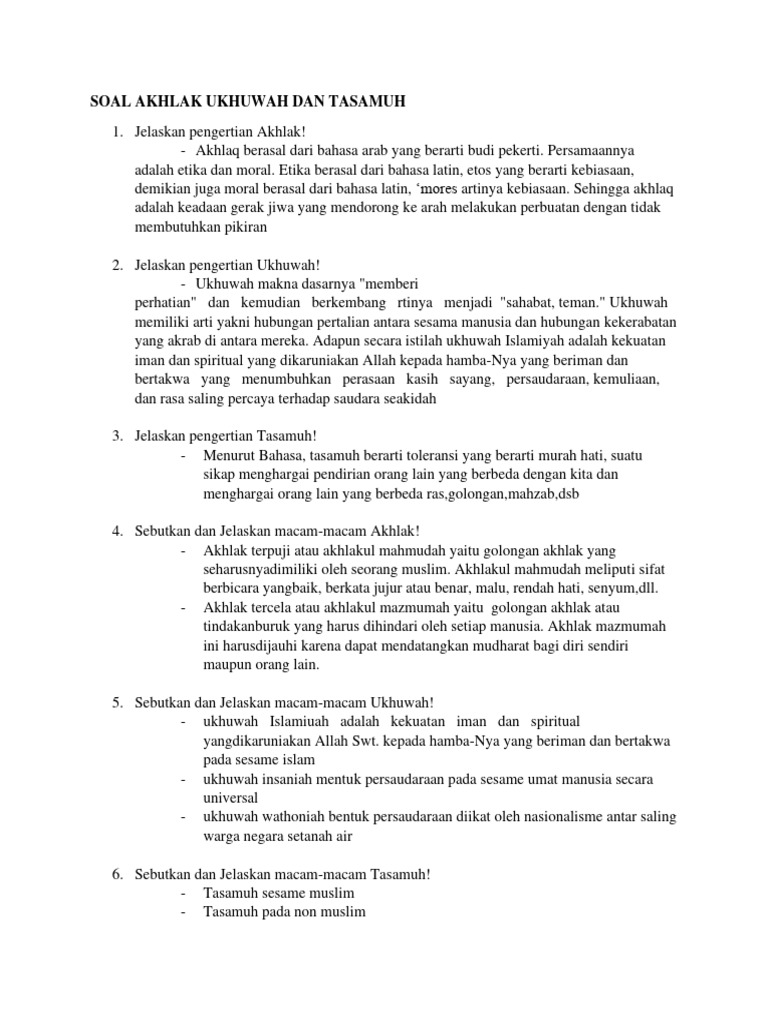 Soal Akhlak Ukhuwah Dan Tasamuh | PDF