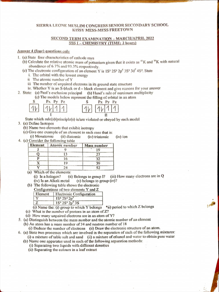 Sierra Leone Muslim Congress Secondary School Chemistry Question 2022 Pdf